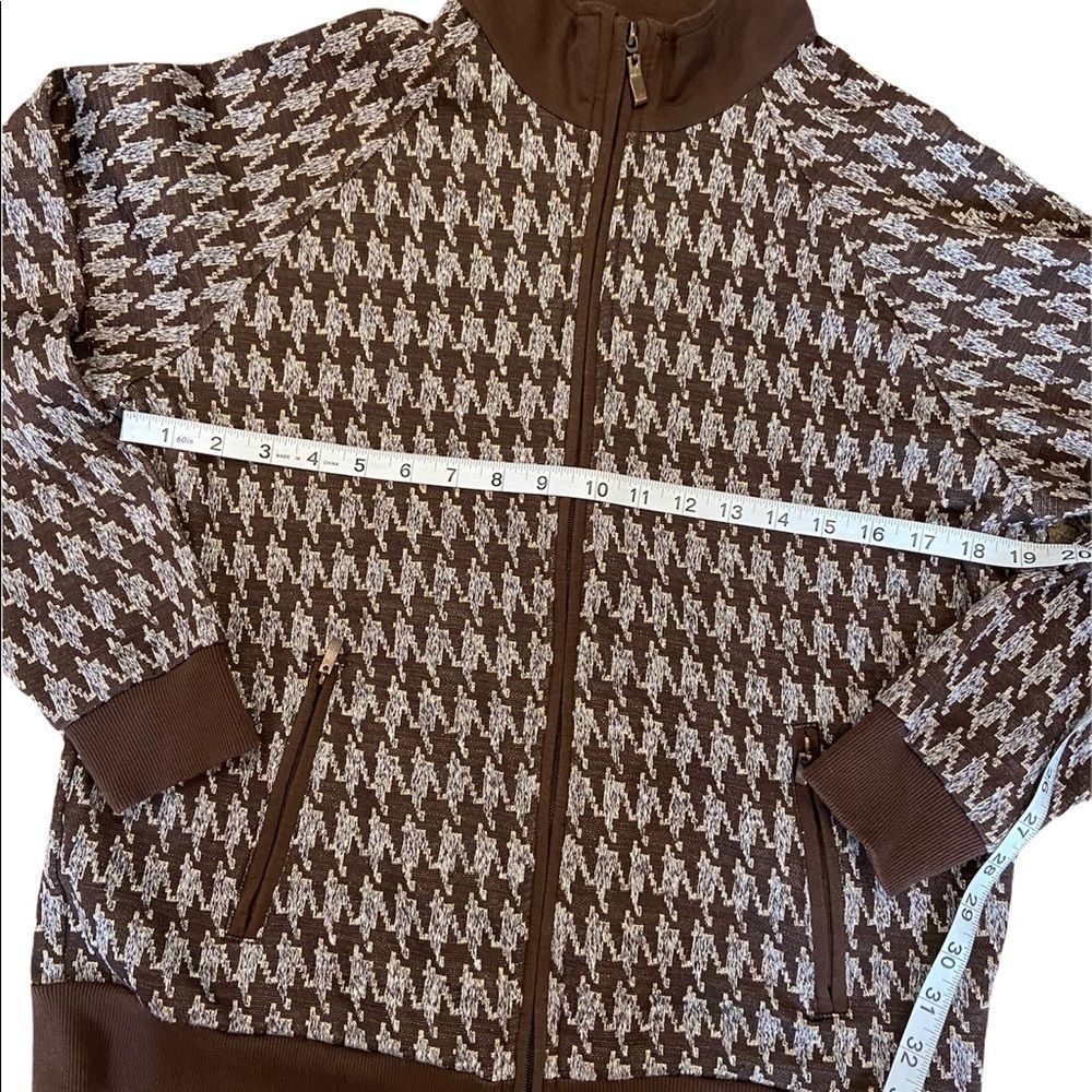 Petite Gingham Metallic Brown Zip Up High Collar Long Sleeve Lounge Sweatshirt - Picture 7 of 8